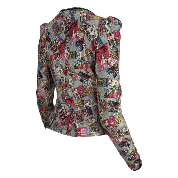 RARE/HTF Comic Print Y Apparel USA puff shoulder Zip Up Peplum Cardigan Sz Md - Picture 8 of 15